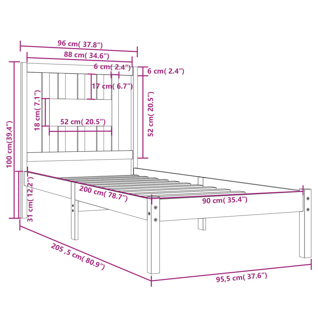 Bedframe Massief Grenenhout Grijs 90X200 Cm