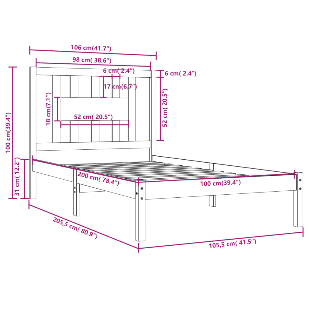 Bedframe Massief Grenenhout Zwart 100X200 Cm
