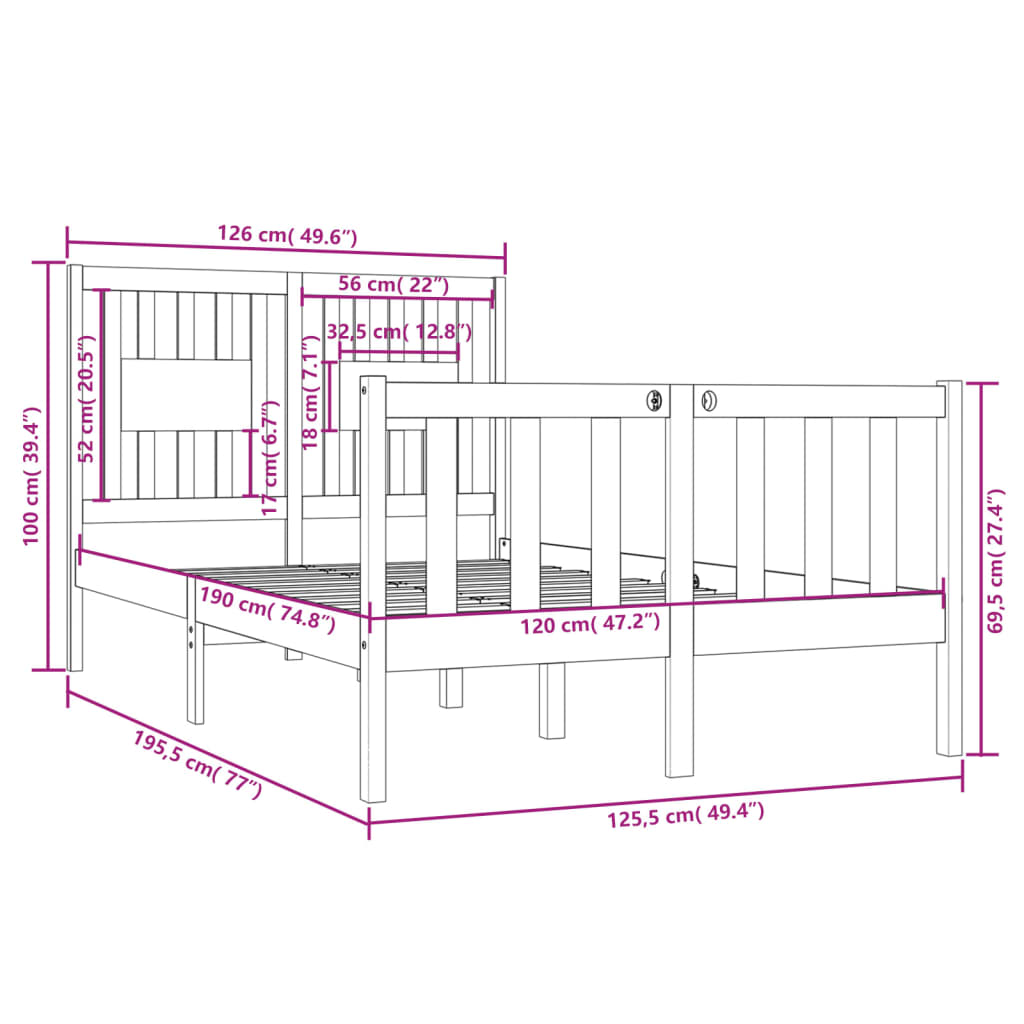 Bedframe Massief Hout Grijs 120X190 Cm 4Ft Small Double