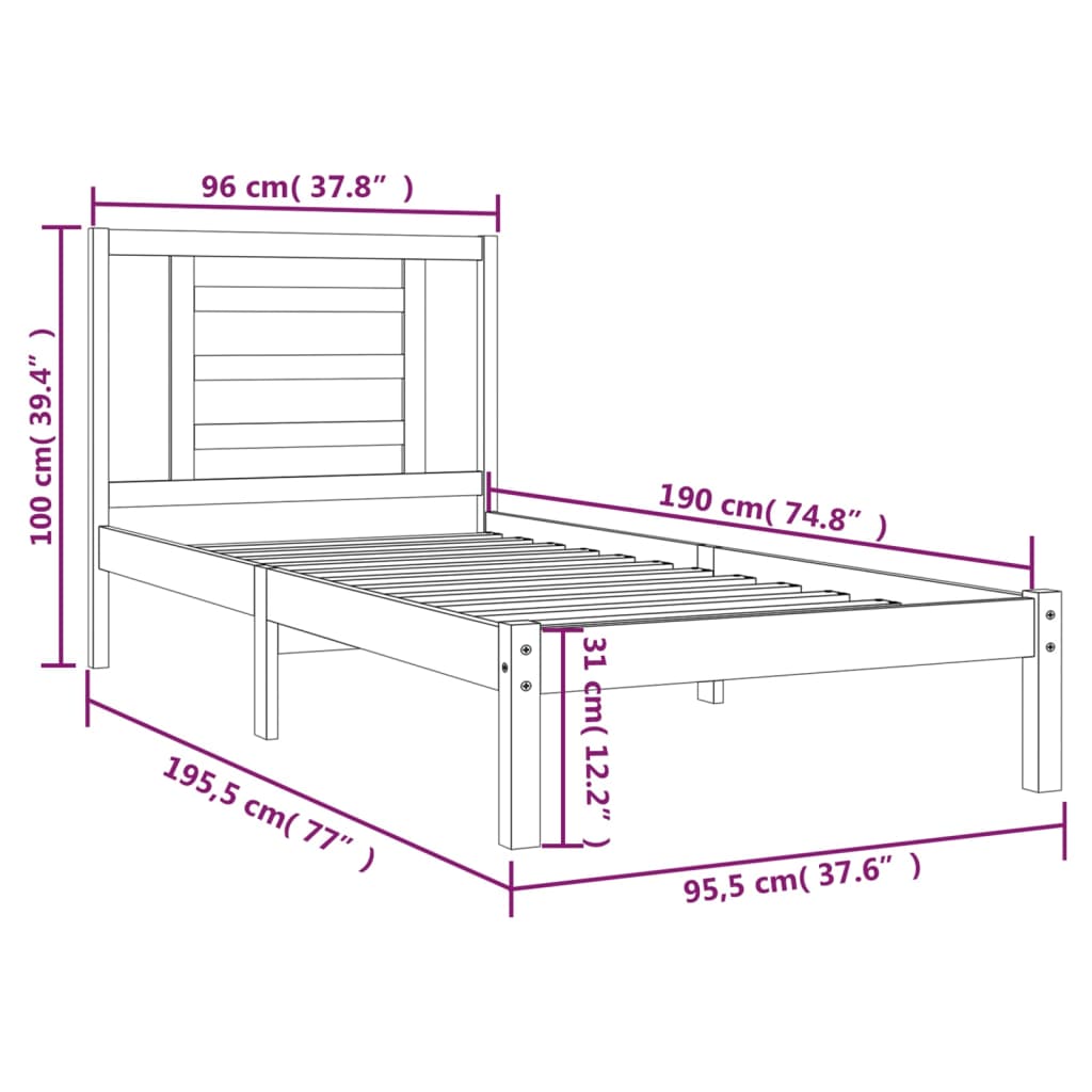 Bedframe Massief Grenenhout Grijs 90X190 Cm 3Ft Single