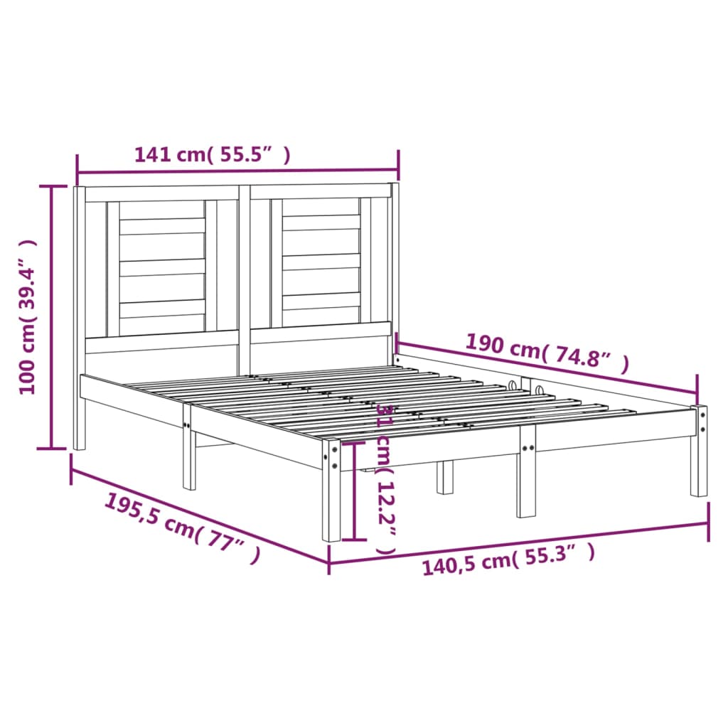 Bedframe Massief Grenenhout Zwart 135X190 Cm 4Ft6 Double