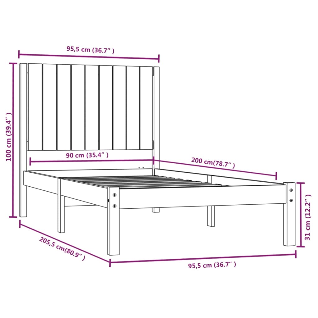 Bedframe Massief Grenenhout Grijs 90X200 Cm