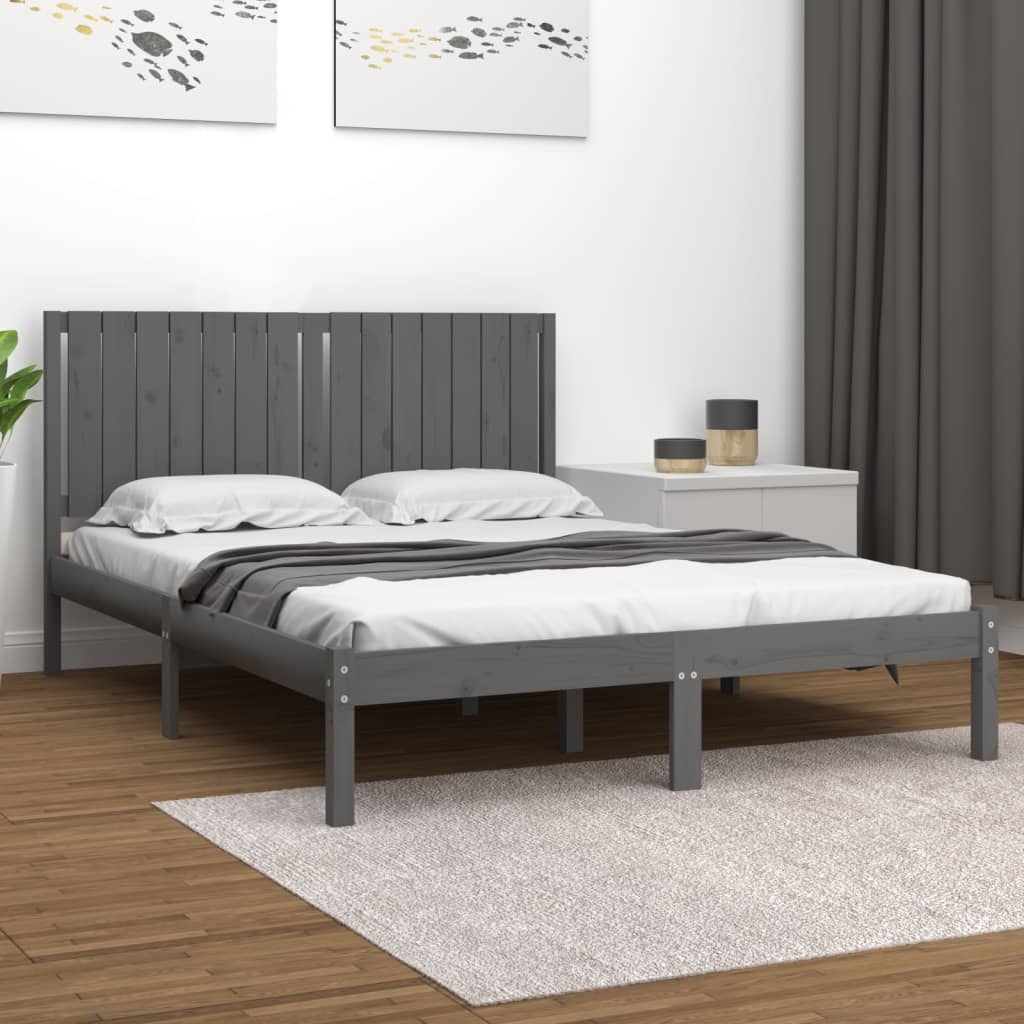 Bedframe Massief Hout Grijs 150X200 Cm 5Ft King Size
