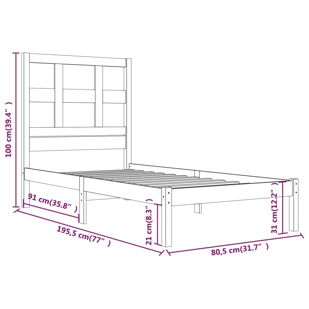Bedframe Massief Hout Honingbruin 75X190 Cm 2Ft6 Small Single