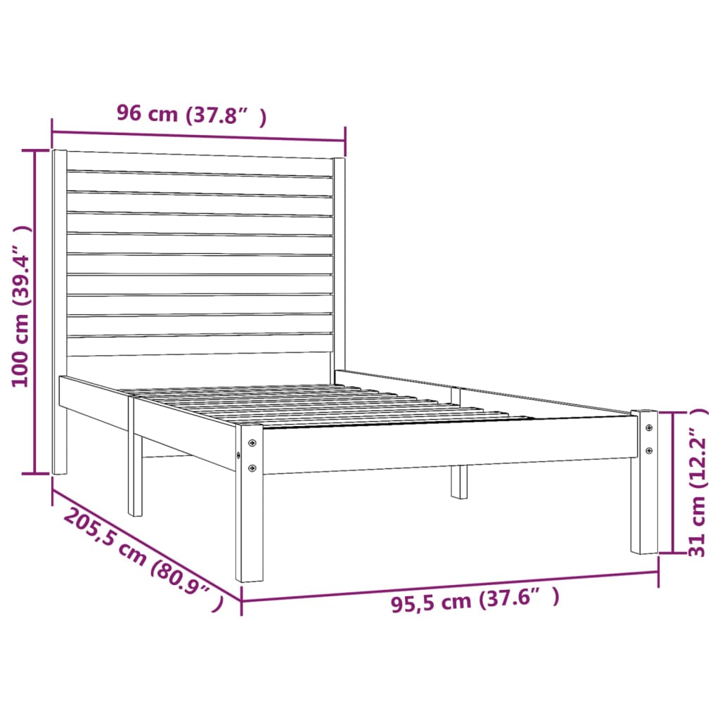 Bedframe Massief Hout Grijs 90X200 Cm