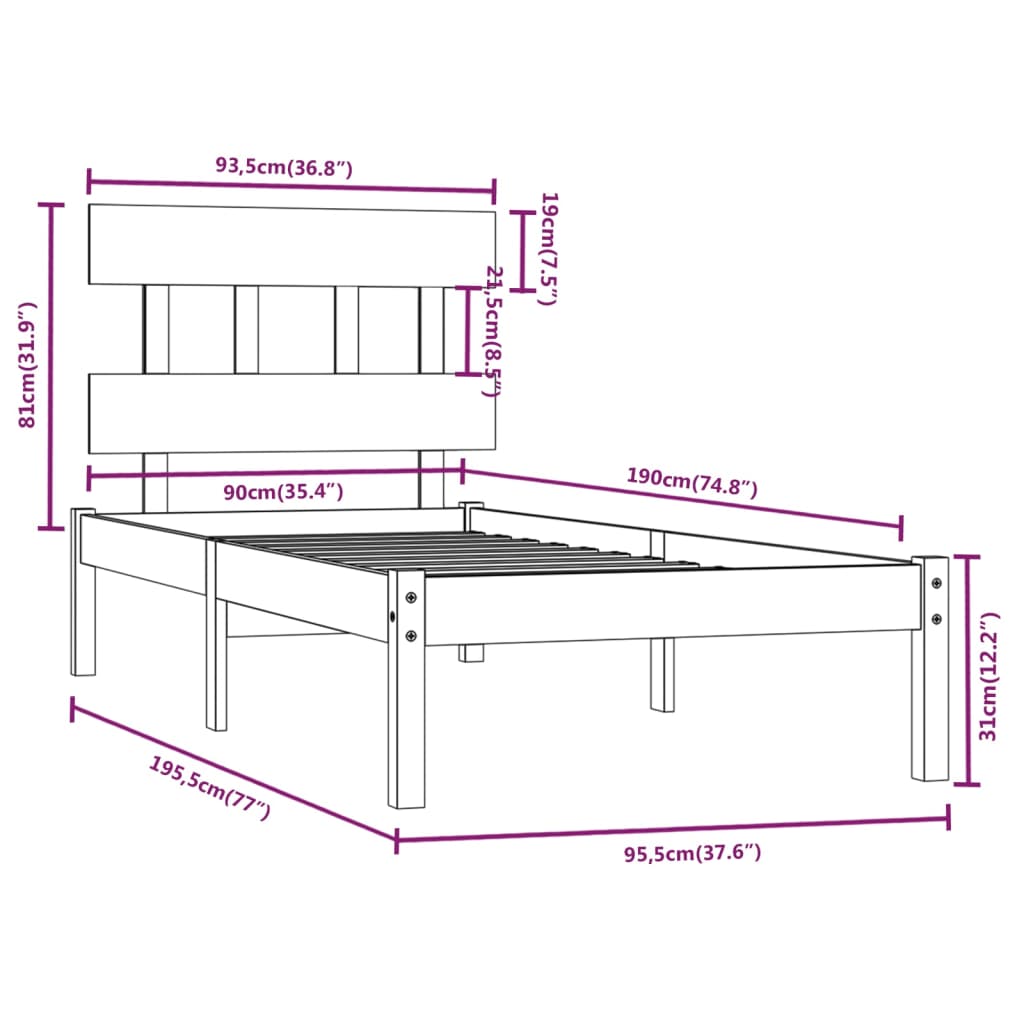 Bedframe Massief Hout Honingbruin 90X190 Cm 3Ft6 Single