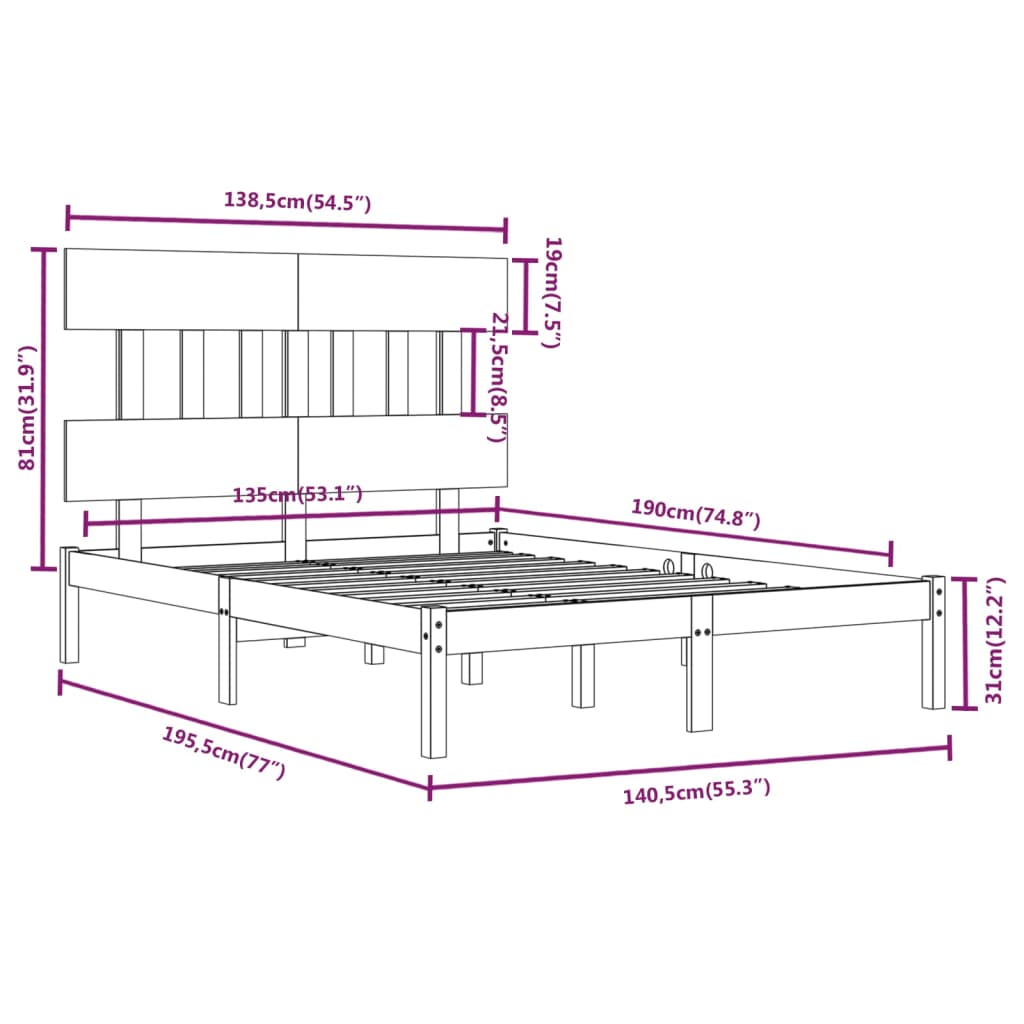 Bedframe Massief Hout Grijs 135X190 Cm 4Ft6 Double