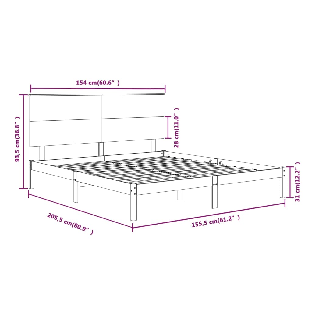 Bedframe Massief Hout Grijs 150X200 Cm 5Ft King Size