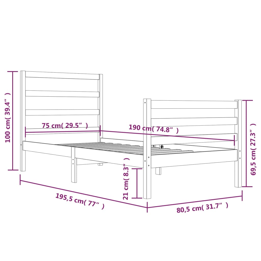 Bedframe Massief Grenenhout Grijs 75X190 Cm 2Ft6 Small Single