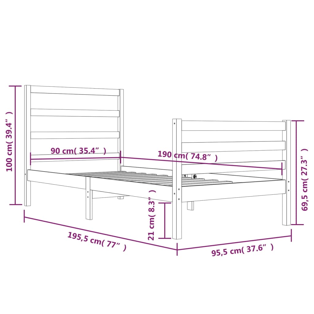 Bedframe Massief Grenenhout Grijs 90X190 Cm 3Ft Single