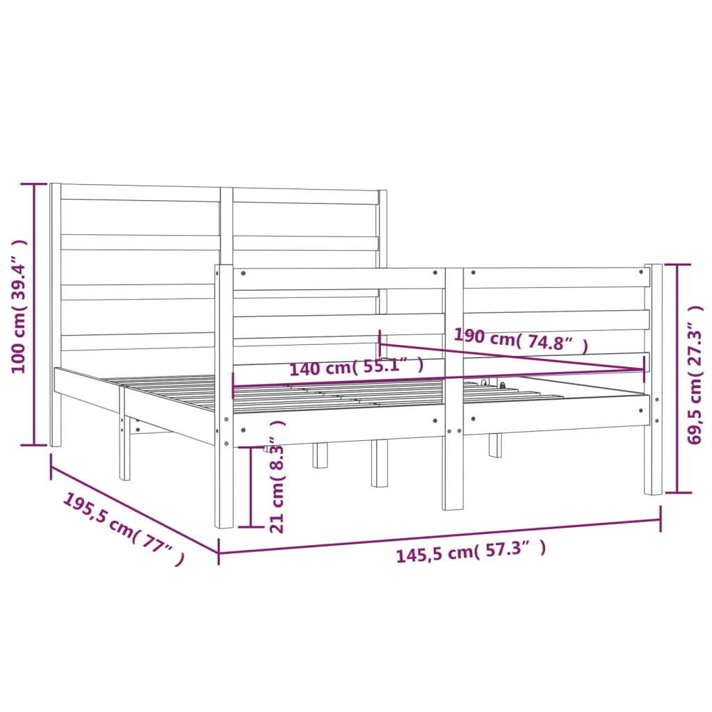 Bedframe Massief Grenenhout Grijs 140X190 Cm