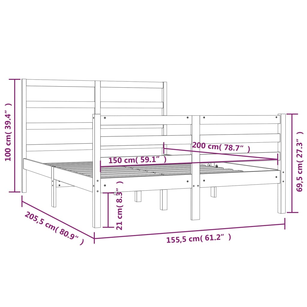 Bedframe Massief Grenenhout Zwart 150X200 Cm 5Ft King Size