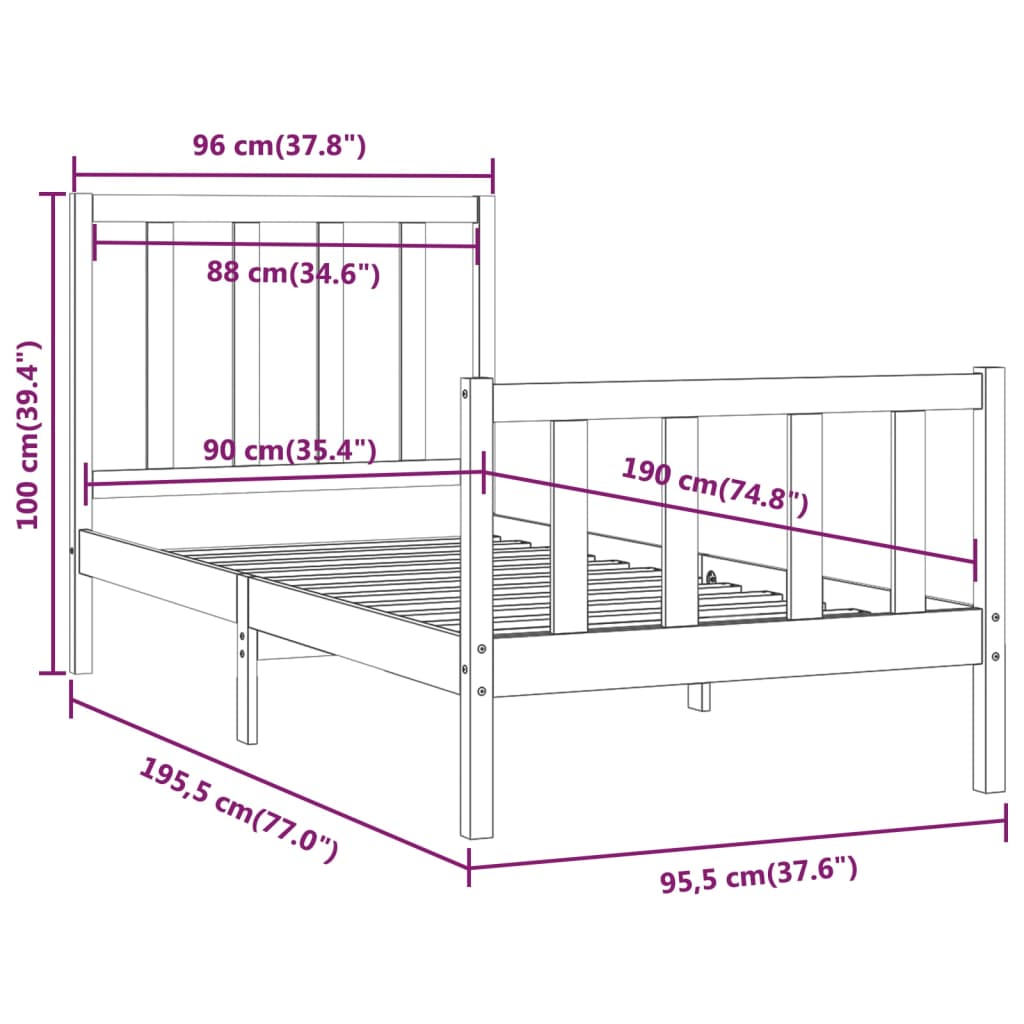 Bedframe Massief Hout Grijs 90X190 Cm 3Ft Single