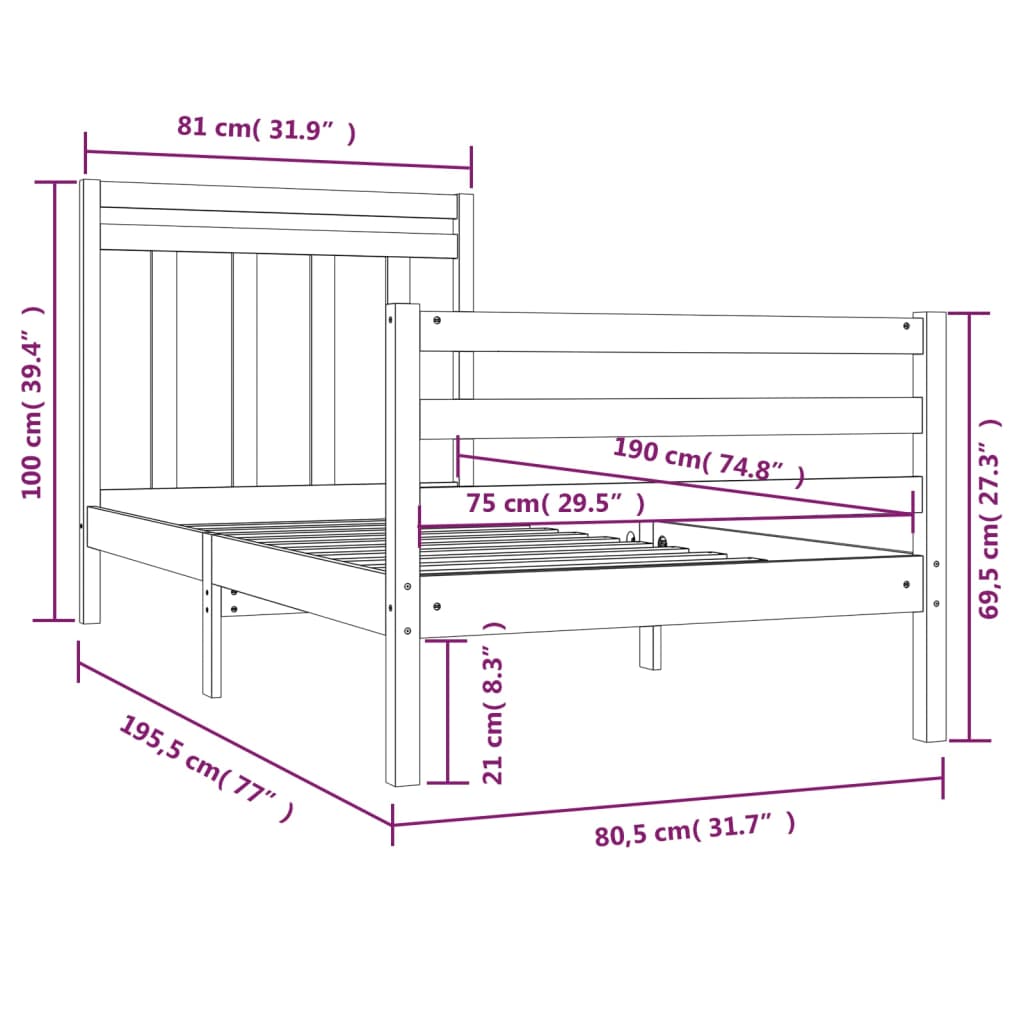 Bedframe Massief Hout 75X190 Cm 2Ft6 Small Single