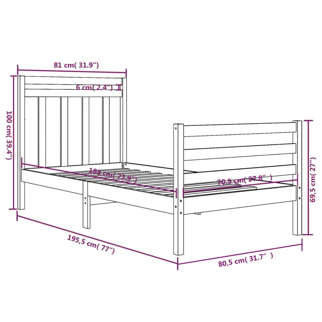 Bedframe Massief Hout Grijs 75X190 Cm 2Ft6 Small Single