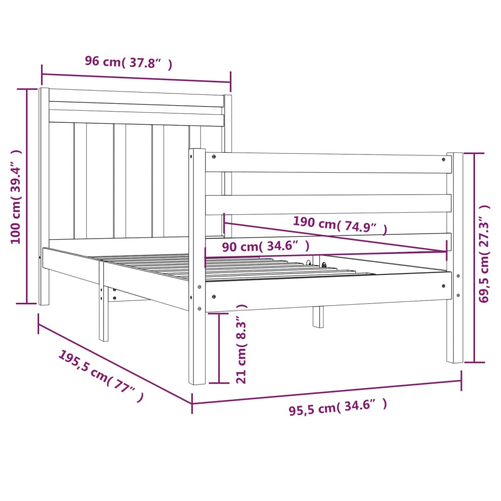 Bedframe Massief Hout Wit 90X190 Cm 3Ft Single