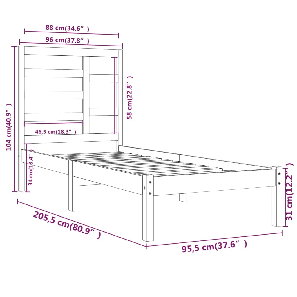 Bedframe Massief Hout Grijs 90X200 Cm