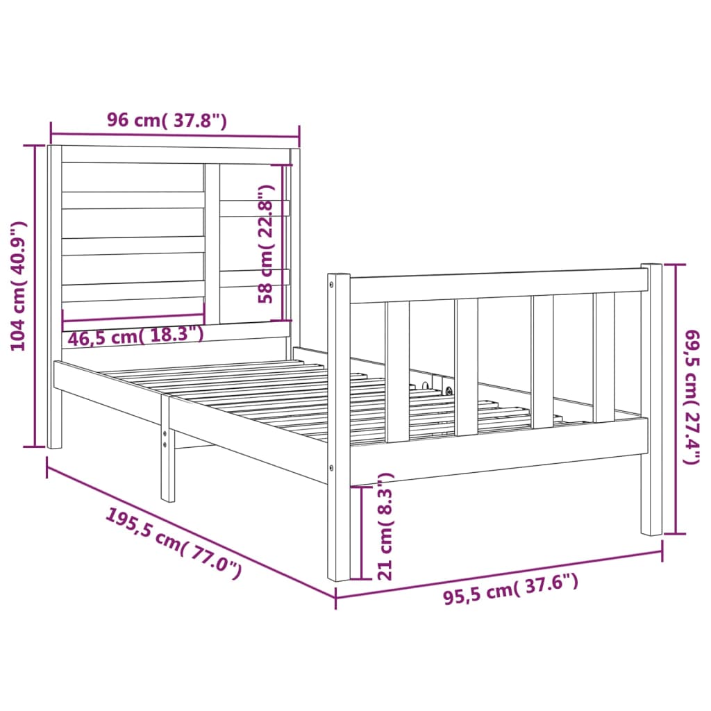 Bedframe Massief Hout Grijs 90X190 Cm 3Ft Single