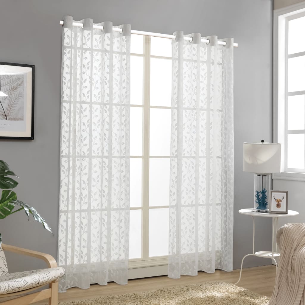 Glasgordijnen Warp-Gebreid 140X245 Cm Bladeren Wit 2 St