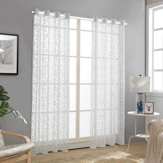 Glasgordijnen Warp-Gebreid 140X245 Cm Bladeren Wit 2 St