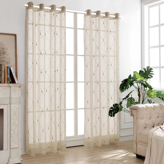 Glasgordijnen Geborduurd 140X245 Cm Beige 2 St
