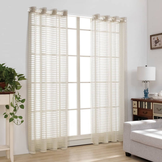 Glasgordijnen Geweven Gestreept 140X245 Cm Beige 2 St
