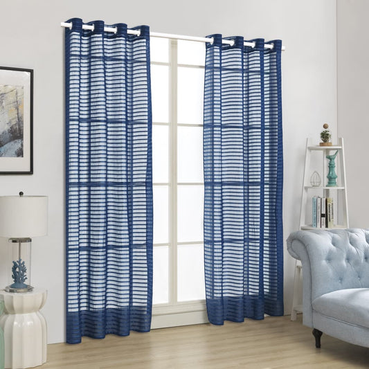 Glasgordijnen Geweven Gestreept 140X225 Cm Blauw 2 St