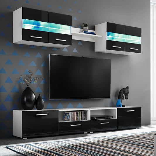 Tv-Wandmeubelset Met Led-Verlichting Hoogglans Zwart 5-Delig