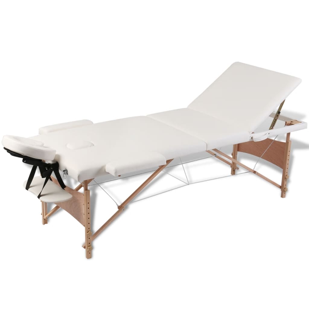 Inklapbare Massagetafel 3 Zones Met Houten Frame (Creme)