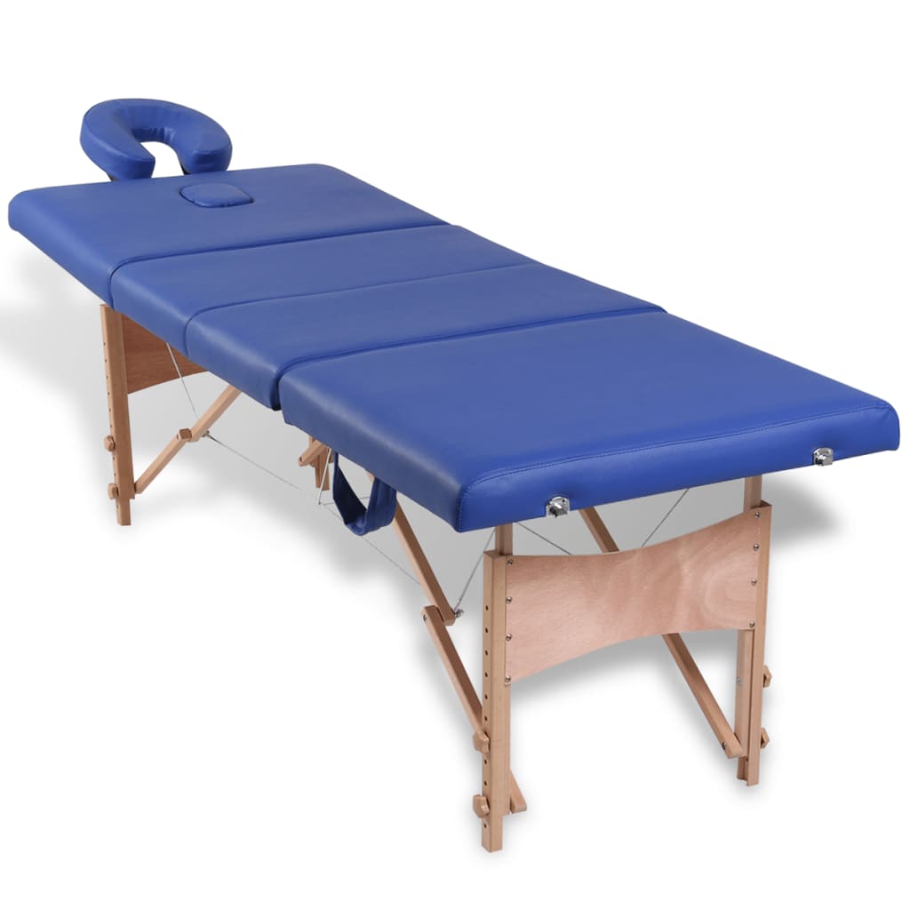 Massagetafel Inklapbaar Met Houten Frame (Vier Delen / Blauw)