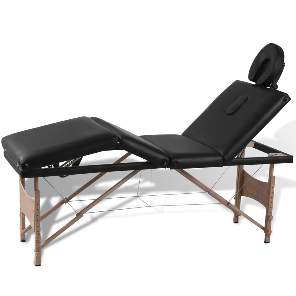 Massagetafel Inklapbaar Met Houten Frame (Vier Delen / Zwart)