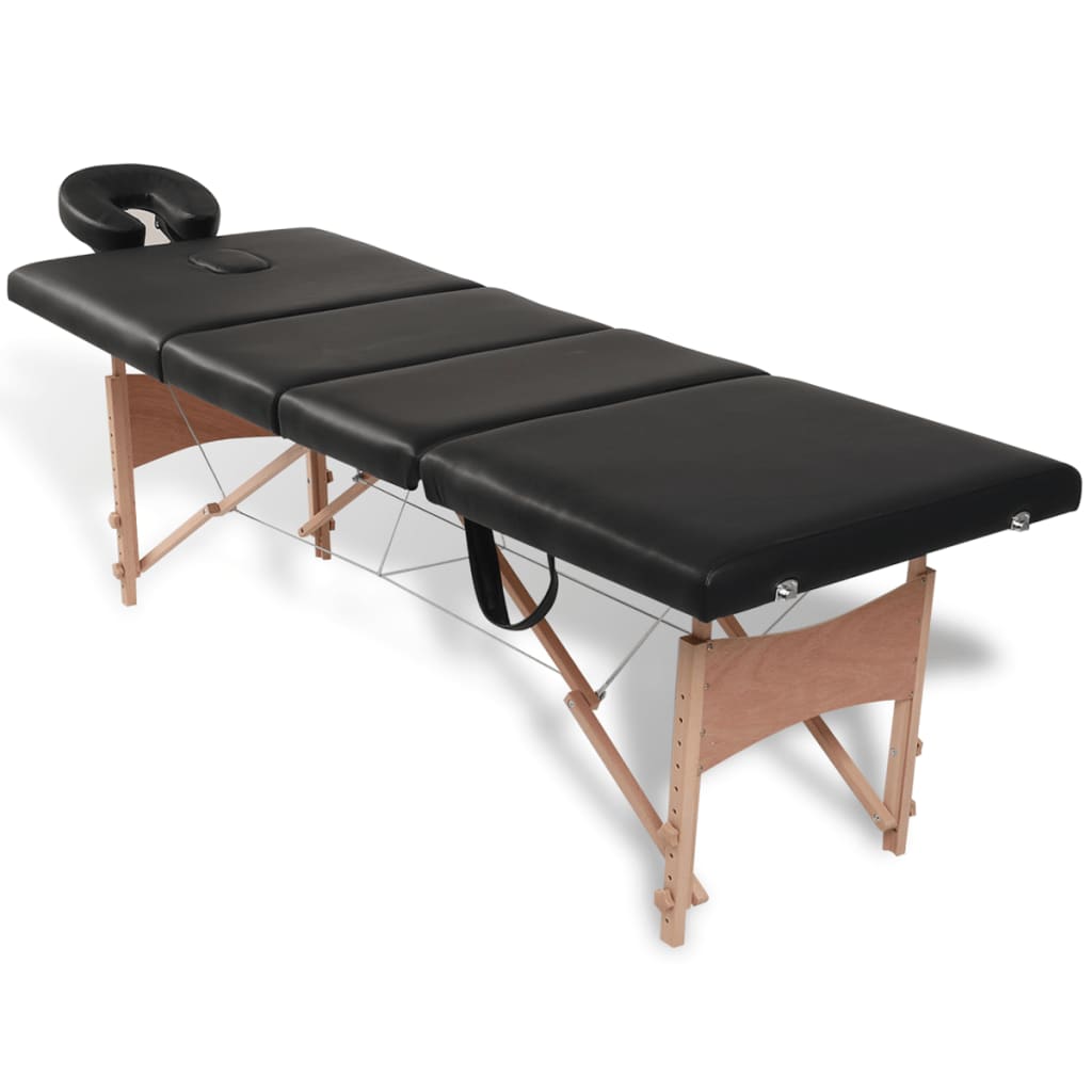 Massagetafel Inklapbaar Met Houten Frame (Vier Delen / Zwart)