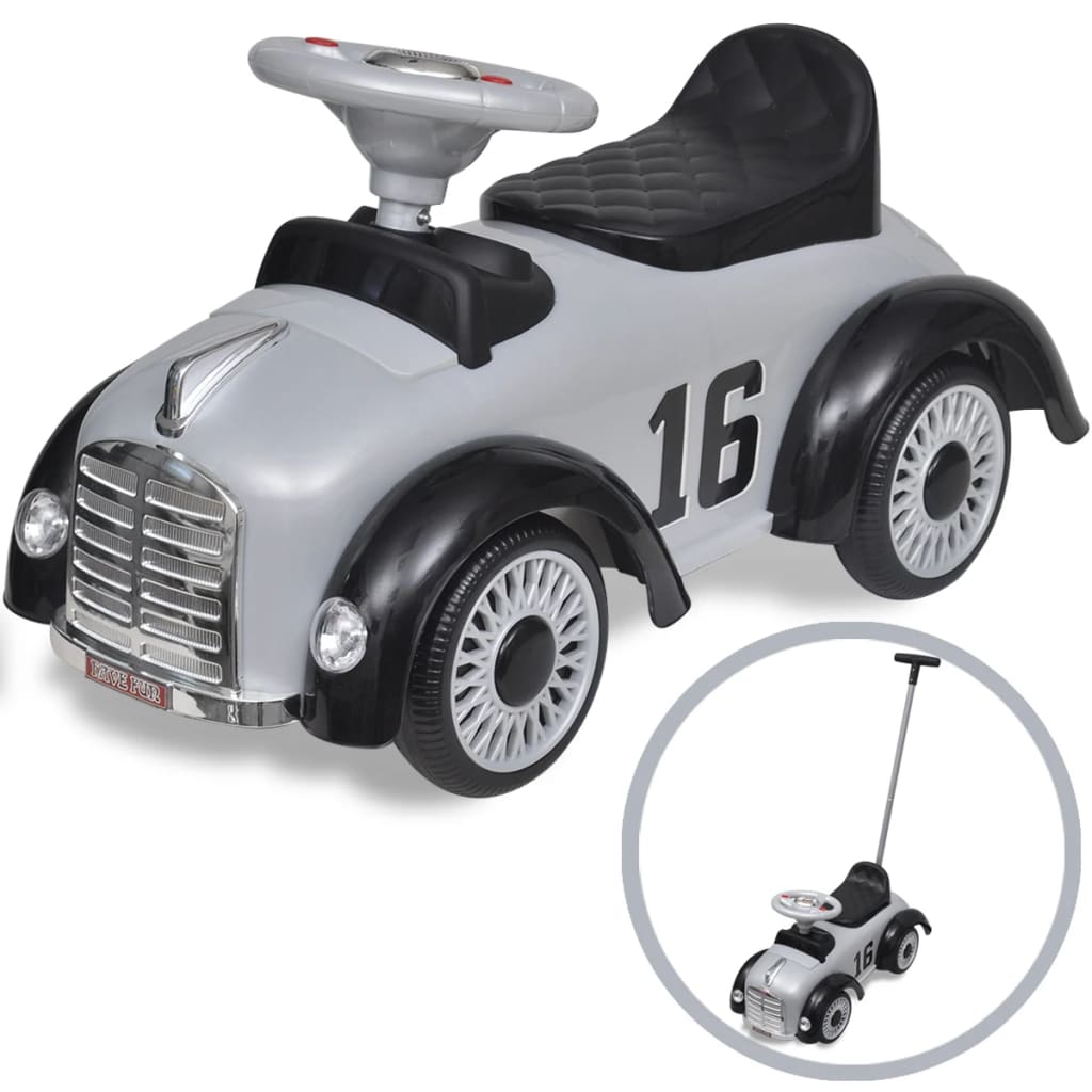 Loopauto Retro Met Duwstang Grijs