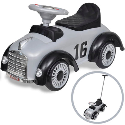 Loopauto Retro Met Duwstang Grijs