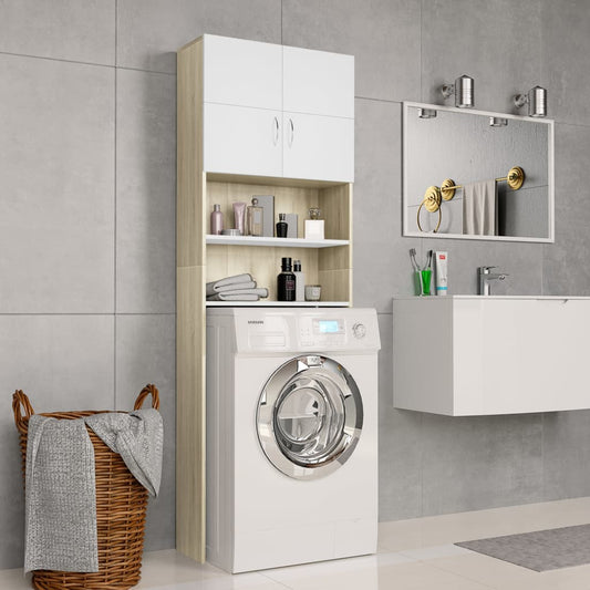 Wasmachinekast 64X25,5X190 Cm Wit En Eikenkleurig