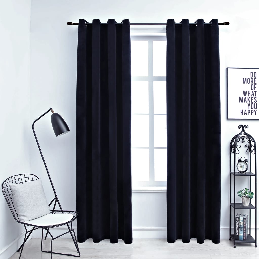 Gordijn Verduisterend Met Ringen 2 St 140X175 Cm Fluweel Zwart