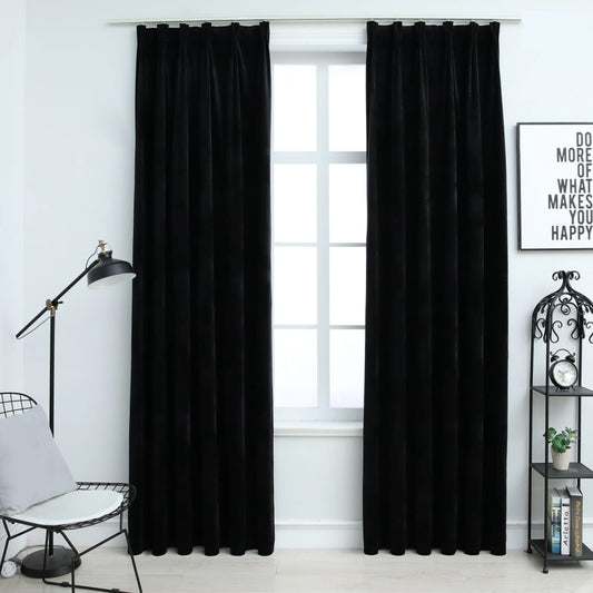 Gordijnen Verduisterend 2 St Met Haken 140X245 Cm Fluweel Zwart