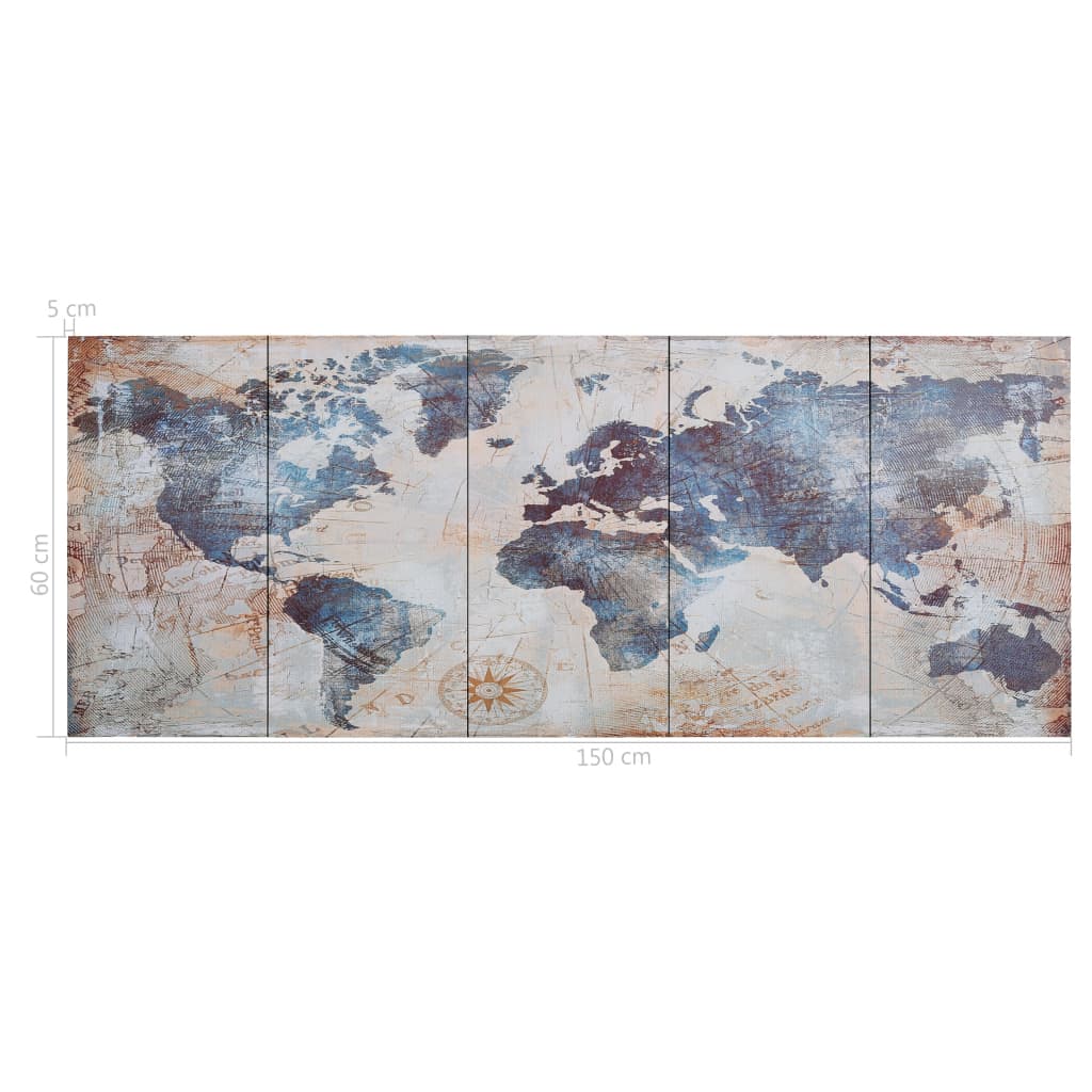 Wandprintset Wereldkaart 150X60 Cm Canvas Blauw