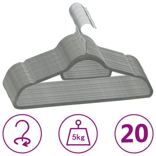 20-Delige Kledinghangerset Anti-Slip Fluweel Grijs