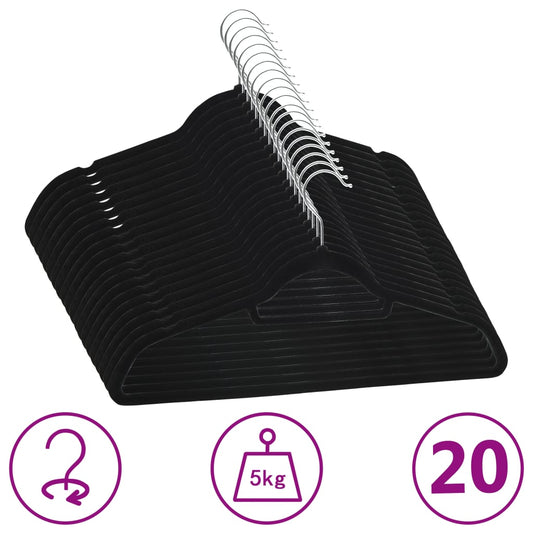20-Delige Kledinghangerset Anti-Slip Fluweel Zwart