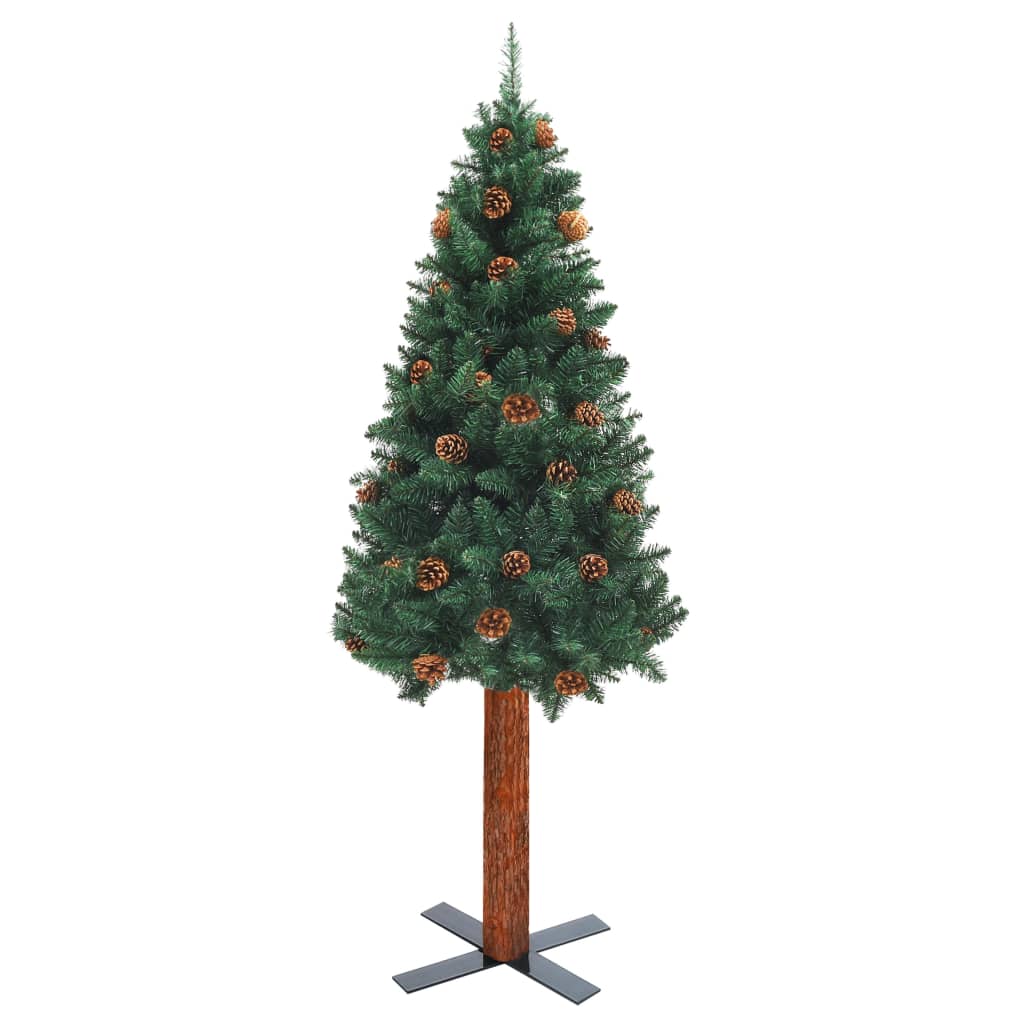 Kerstboom Met Echt Hout En Dennenappels Smal 210 Cm Pvc Groen