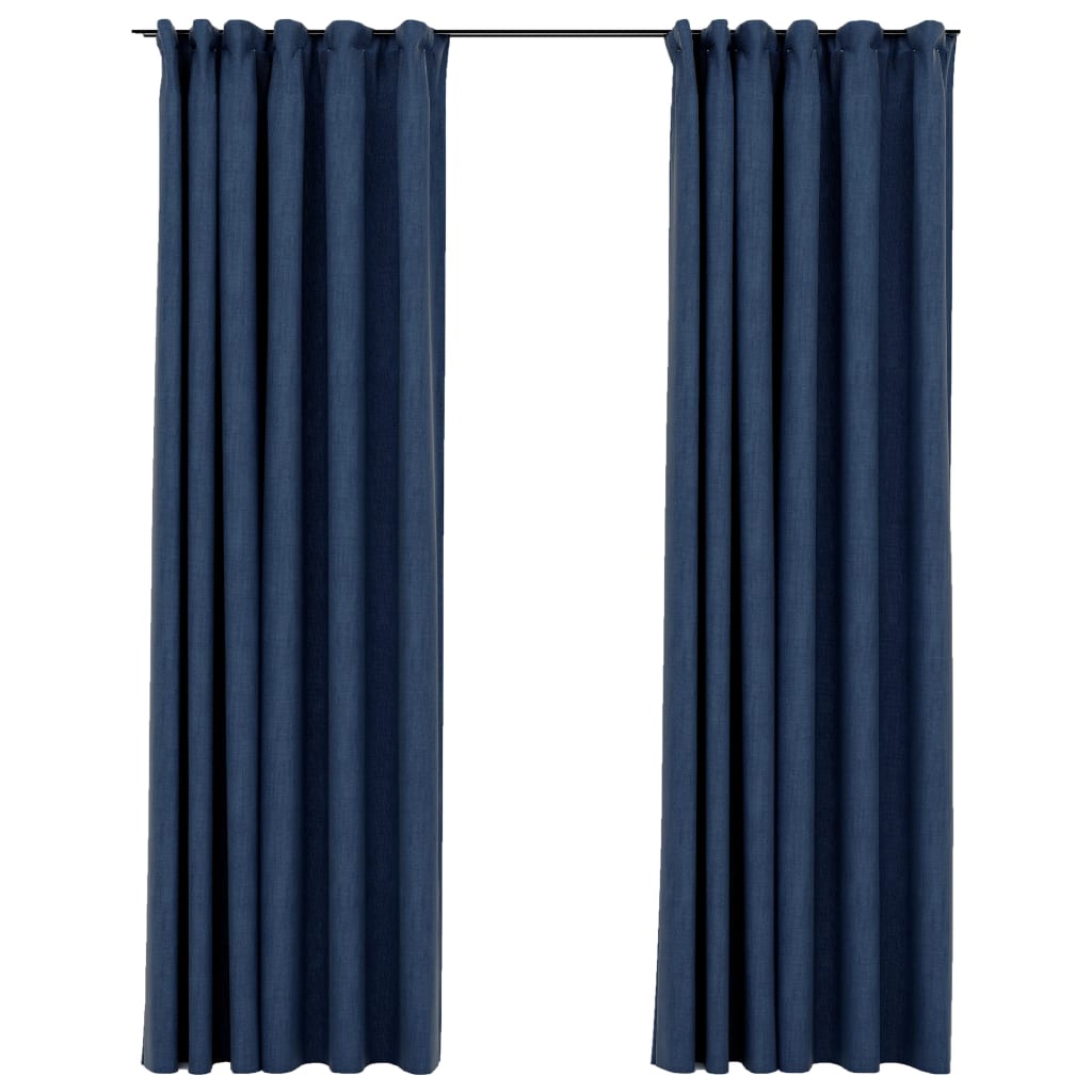 Gordijnen Linnen-Look Verduisterend Haken 2 St 140X245 Cm Blauw