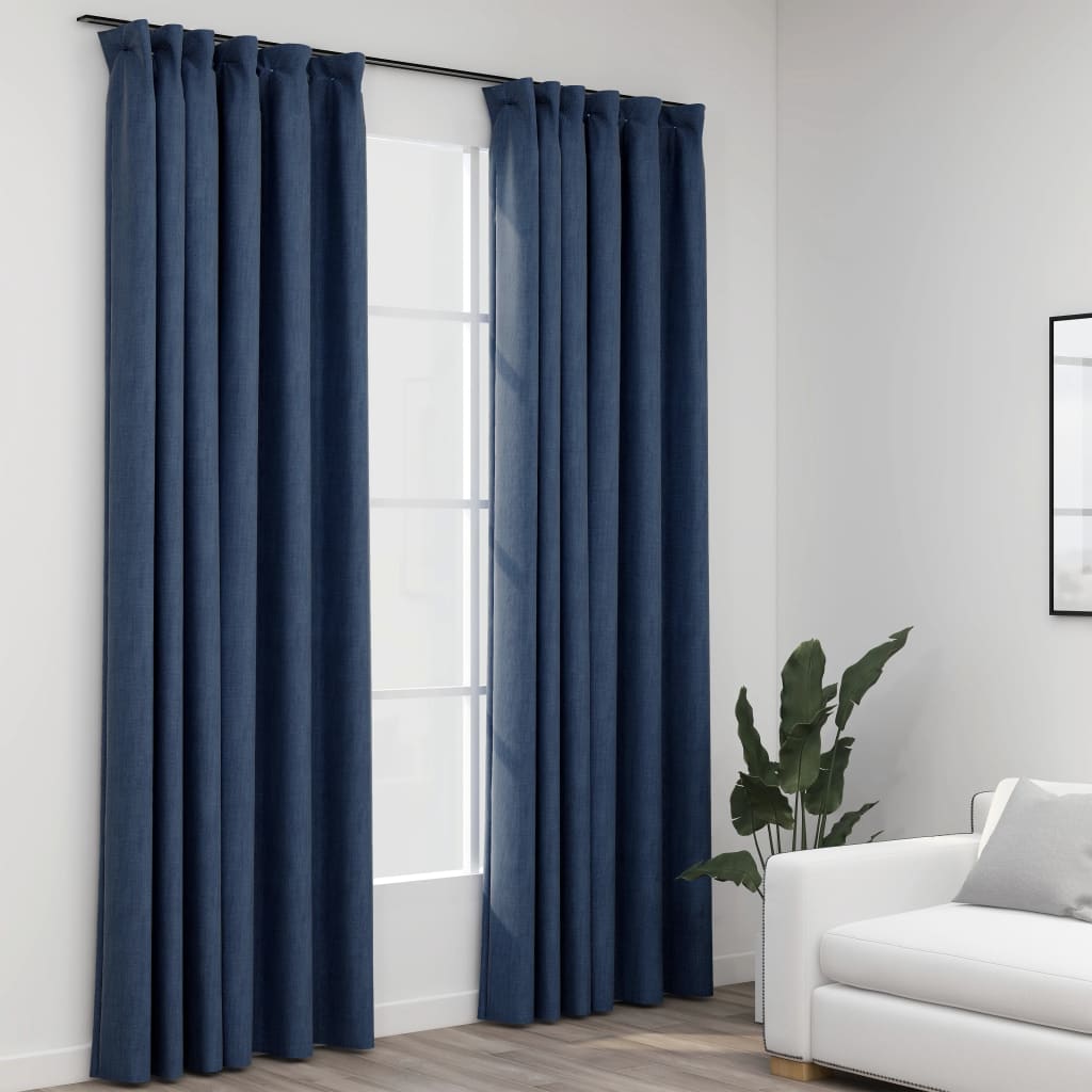 Gordijnen Linnen-Look Verduisterend Haken 2 St 140X245 Cm Blauw