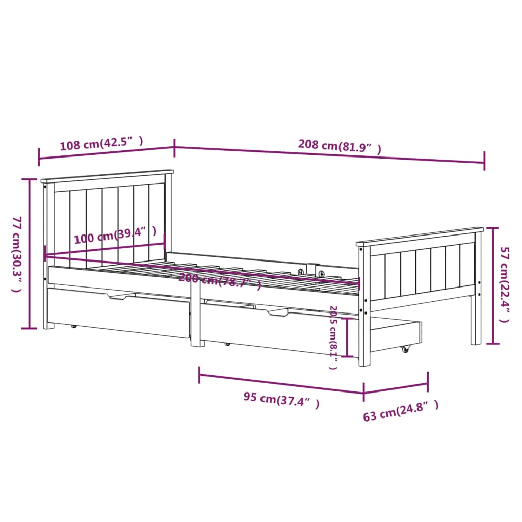 Bedframe Met 2 Lades Massief Grenenhout Wit 100X200 Cm