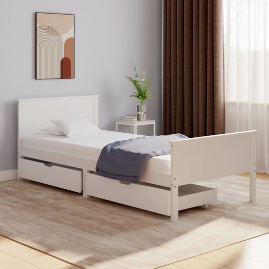 Bedframe Met 2 Lades Massief Grenenhout Wit 100X200 Cm