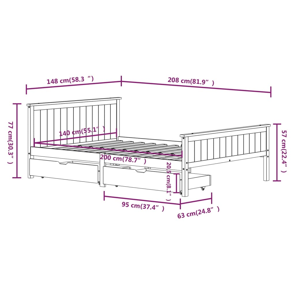Bedframe Met 2 Lades Massief Grenenhout Wit 140X200 Cm