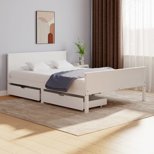 Bedframe Met 2 Lades Massief Grenenhout Wit 140X200 Cm