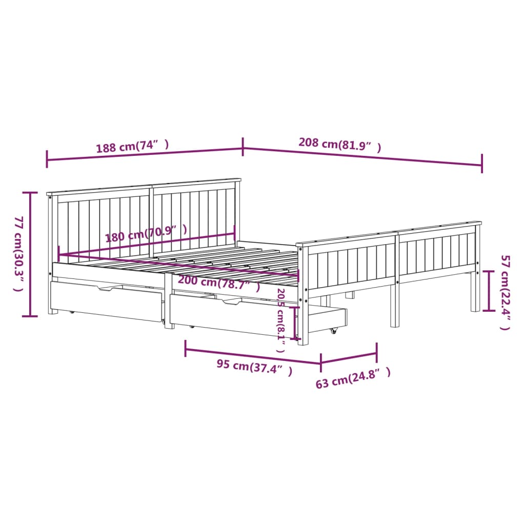 Bedframe Met 2 Lades Massief Grenenhout Wit 180X200 Cm