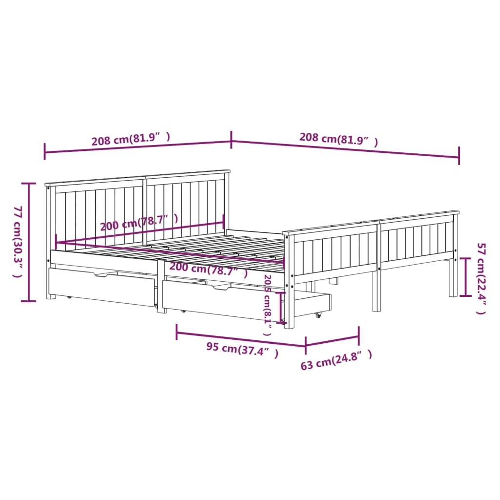 Bedframe Met 2 Lades Massief Grenenhout Wit 200X200 Cm