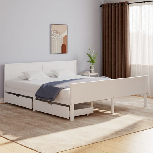 Bedframe Met 2 Lades Massief Grenenhout Wit 200X200 Cm